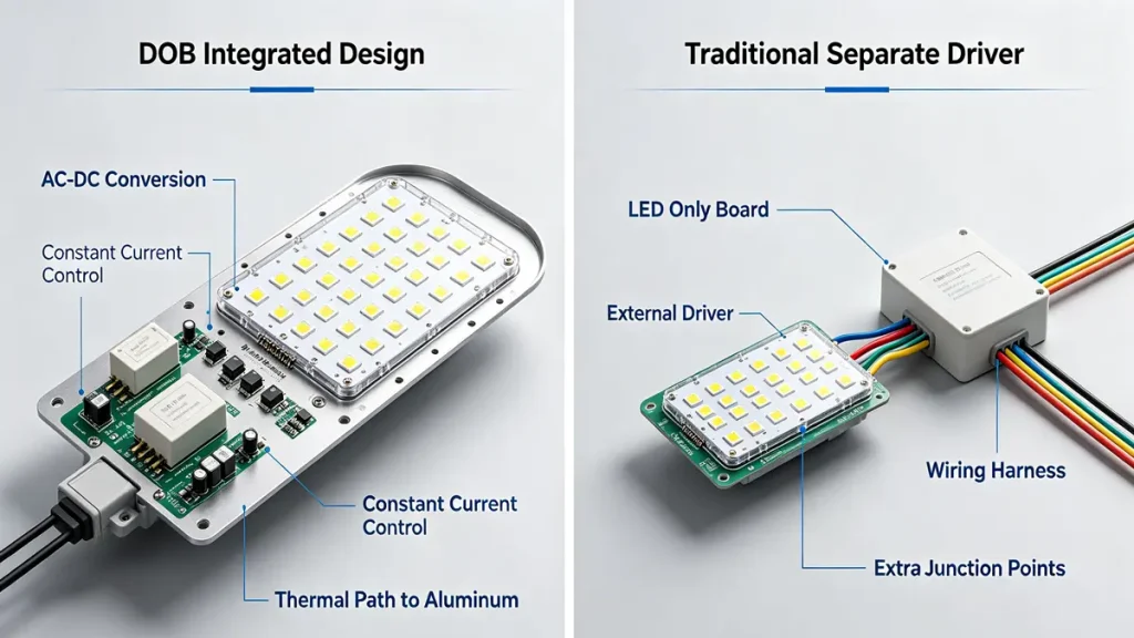 Technical diagram comparing Driver-On-Board (DOB) integrated aluminum PCB and traditional separate driver module for LED street light applications by Hongda Circuit