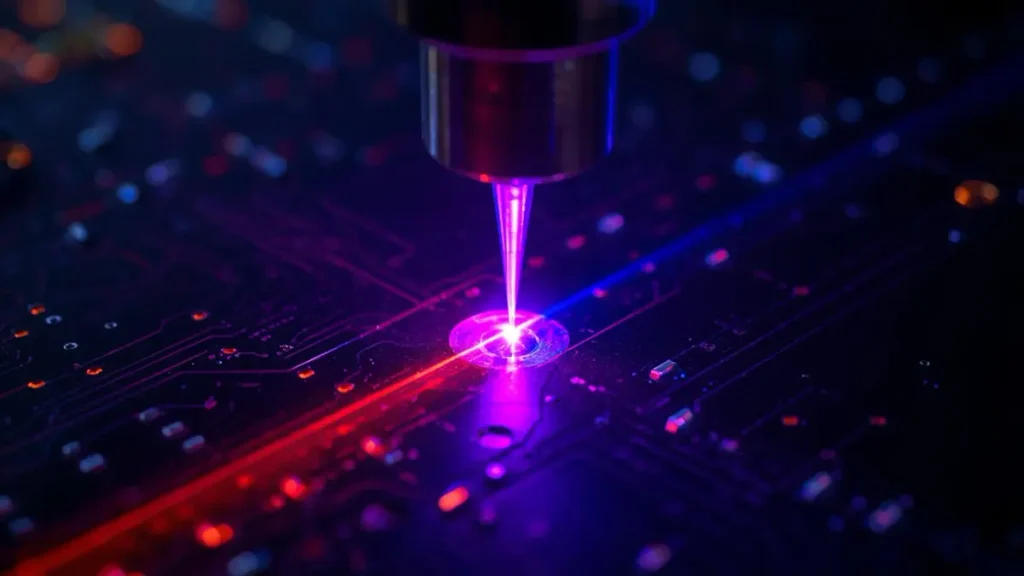 Microscopic view of dual-beam composite laser drilling forming a 0.05mm microvia on an ultra-thin PCB dielectric layer at Hongda Circuit