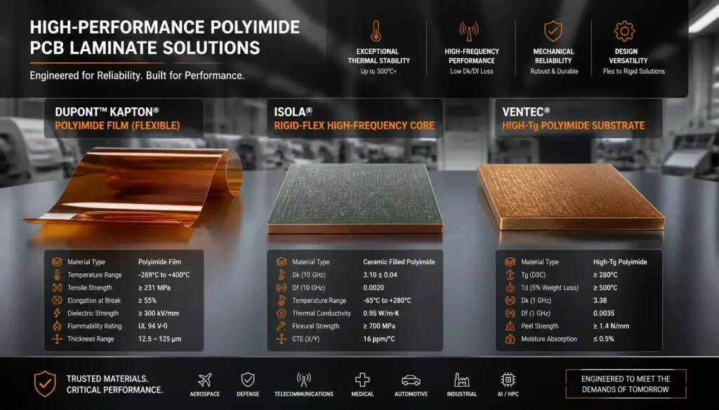 Infographic comparing Dupont Kapton flexible film, Isola high-frequency rigid-flex core, and Ventec high-Tg polyimide PCB laminate substrates with technical spec tables.
