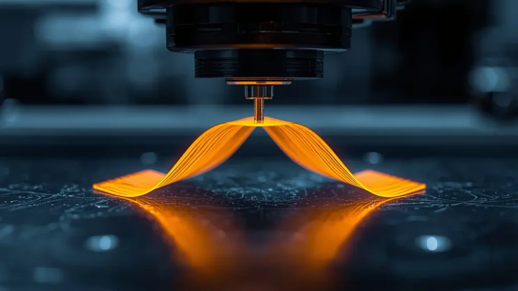 Close-up view of an ultra-thin amber polyimide FPC undergoing dynamic flex endurance bending test with strain-analysis heat map overlay at Hongda Circuit.