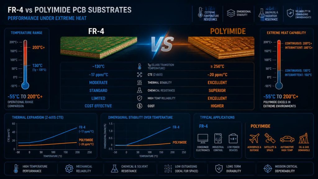 Infographic comparing FR-4 and polyimide PCB substrates showing thermal expansion, glass transition temperature, and operating ranges from -55°C to 200°C+.