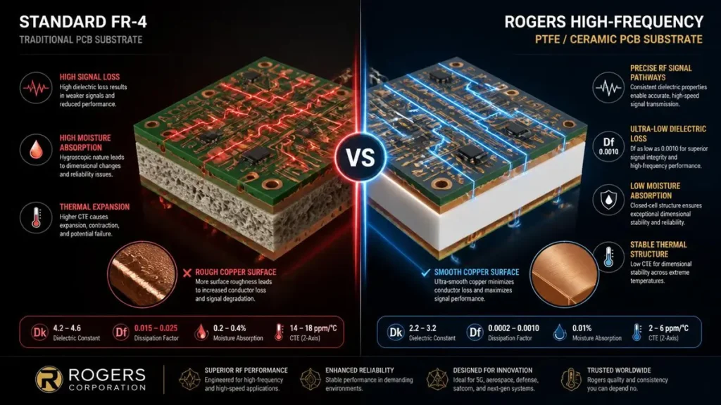 Split-screen comparison infographic showing Standard FR-4 versus Rogers High-Frequency PTFE PCB substrate. Highlights high signal loss and copper roughness on FR-4 (left) compared to precise RF pathways, ultra-low dielectric loss (Df 0.0010), smooth copper surface, and thermal stability on Rogers material (right).