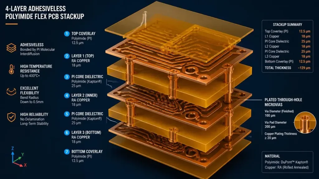 3D exploded view of a 4-layer adhesiveless polyimide flex PCB stackup showing Kapton dielectric layers, RA copper traces, and plated through-hole microvias by Hongda Circuit