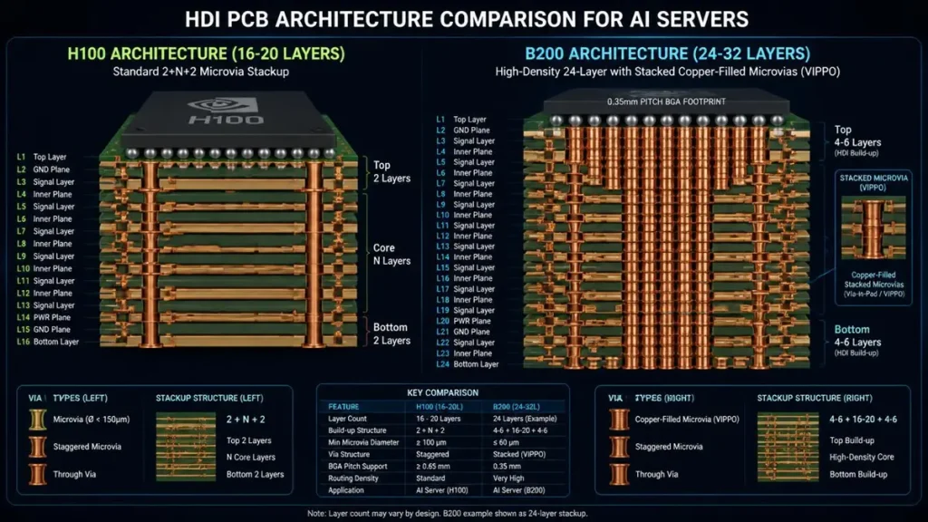 Technical comparison diagram of HDI PCB stackup between H100 (16-20 layers) and B200 (24-32 layers) AI servers showing microvia VIPPO architecture by Hongda Circuit