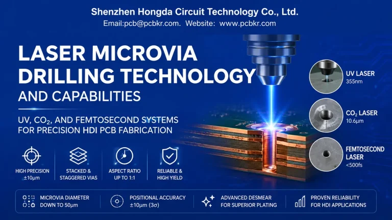 HDI laser microvia PCB capabilities and laser drilling technology overview showing UV, CO2, and femtosecond laser systems by Hongda Circuit