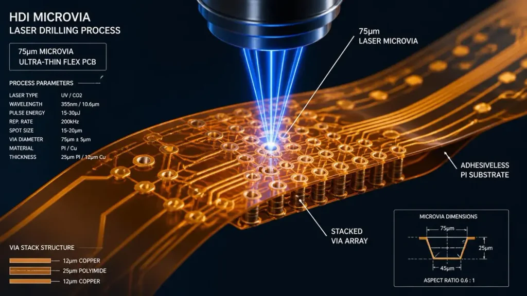 Technical 3D render of HDI microvia laser drilling process (75µm microvia, adhesiveless PI substrate) by Shenzhen Hongda Circuit Technology Co., Ltd