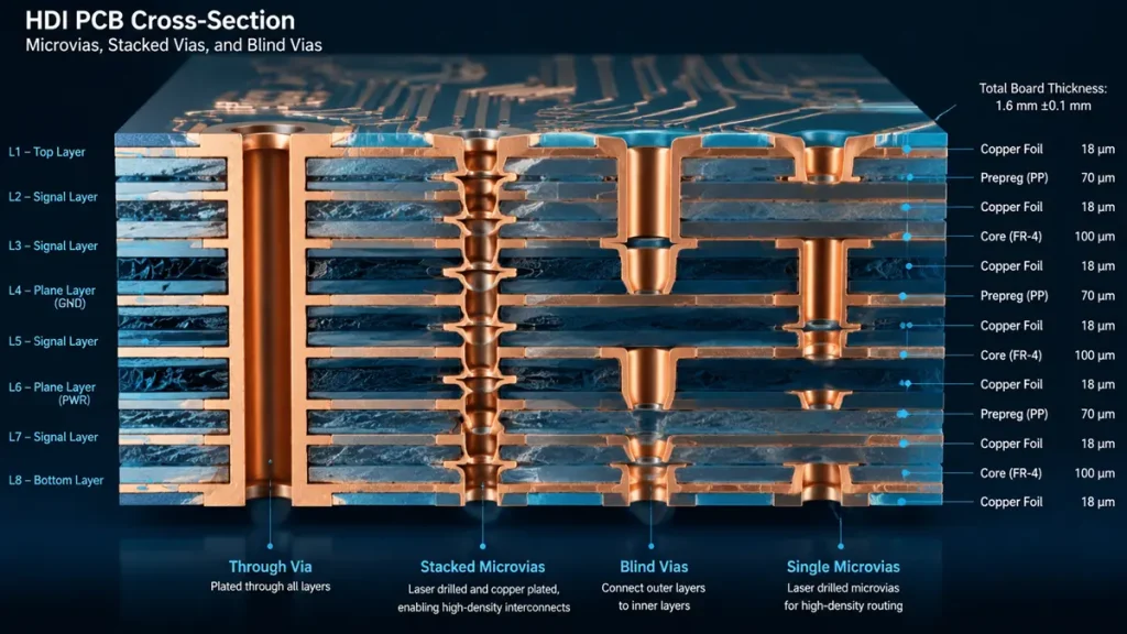 3D cross-sectional engineering illustration of an 8-layer HDI PCB manufactured by Shenzhen Hongda Circuit Technology (PCBKR), showing multi-layer copper structures, laser-drilled stacked microvias, blind vias, and through-vias for advanced AI server and high-speed applications.