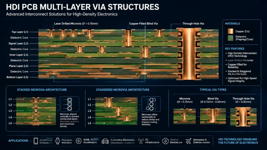 Professional technical cross-section diagram of multi-layer HDI PCB via structures showing stacked, staggered, and copper-filled laser microvias by Hongda Circuit