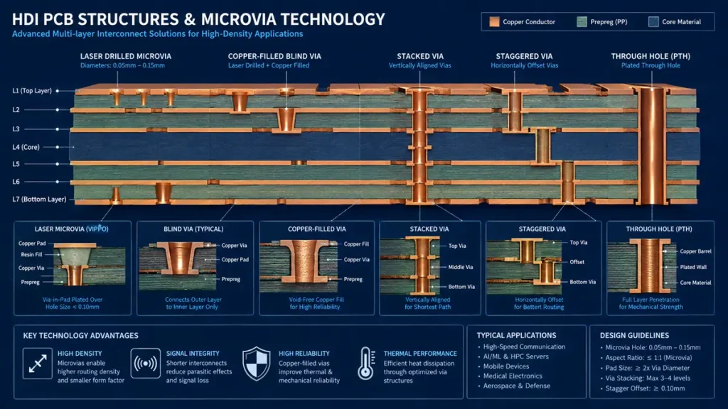 Cross-section technical diagram of multi-layer HDI PCB structures and microvia technology including laser drilled microvias, copper-filled blind vias, stacked vias, and staggered vias by Hongda Circuit