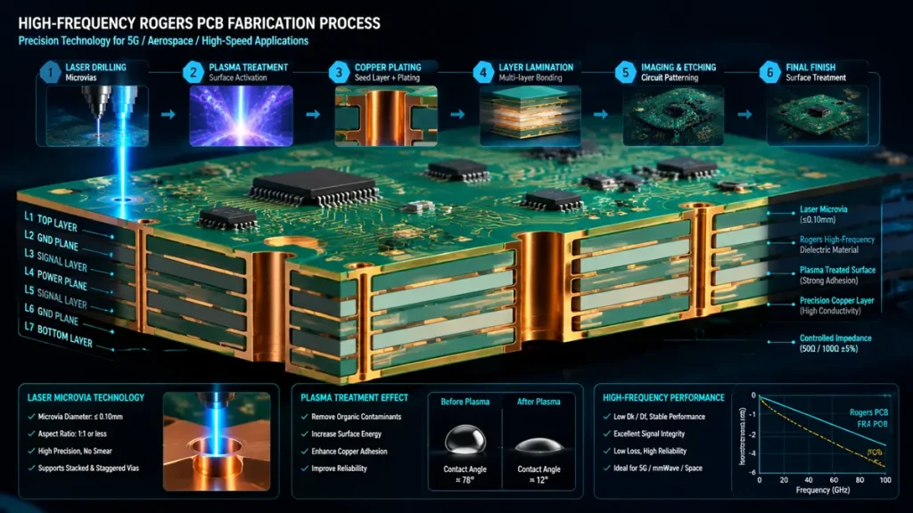 3D cross-section diagram of multi-layer Rogers PCB fabrication process featuring laser microvias drilling, plasma surface treatment, and strict impedance control up to 40GHz+.