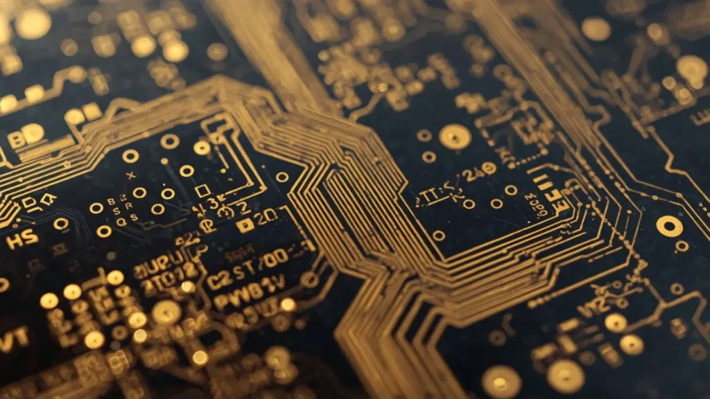 Macro close-up of a high-frequency Rogers PTFE PCB featuring gold-plated ENIG finish traces, precise millimeter-wave circuitry layout, and micro-vias fabricated by Shenzhen Hongda Circuit Technology.