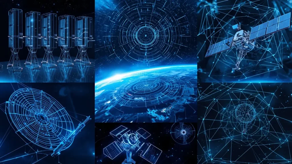 Conceptual collage of High Frequency Teflon PCB applications including 5G massive MIMO, phased array radar, satellite communications, and aerospace defense systems