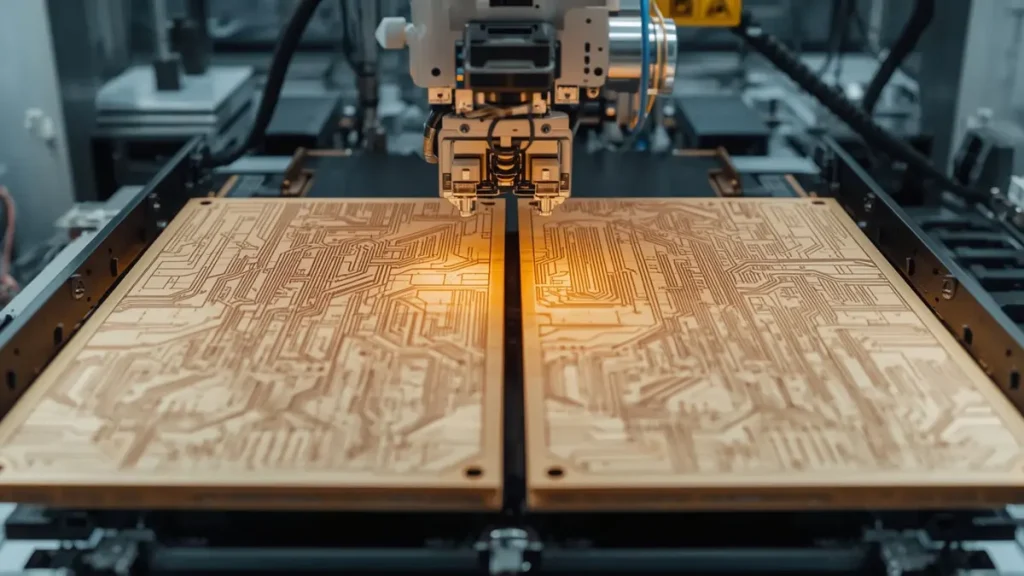 High-precision LDI optical exposure machine processing unpopulated Rogers Teflon PTFE PCB panels in a cleanroom manufacturing facility at Shenzhen Hongda Circuit Technology.