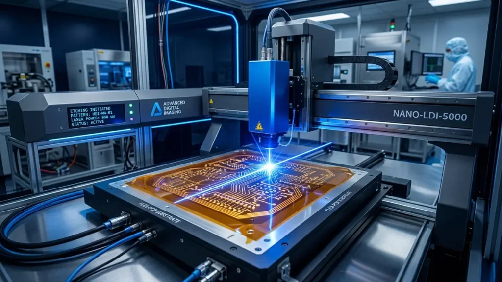 Industrial photography of a high-tech Laser Direct Imaging (LDI) machine etching micro-circuit patterns with a precision blue laser onto a flexible polyimide (PI) PCB substrate in a cleanroom facility.