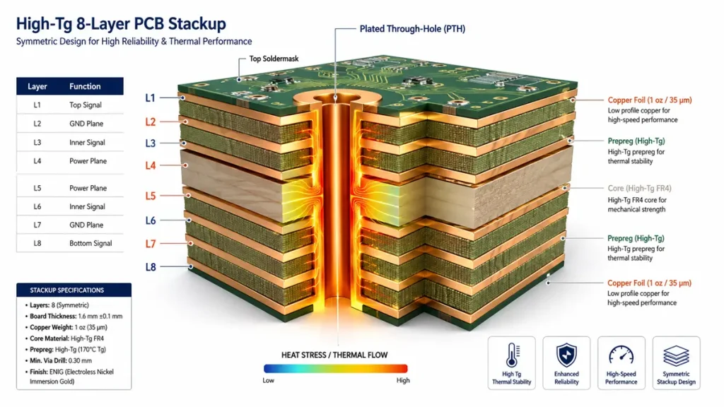 8-layer High-Tg PCB stackup structure diagram showing symmetric layer construction and PTH heat stress analysis