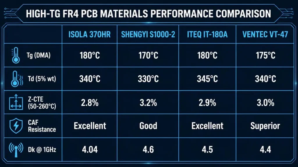 Vector performance comparison chart of High-Tg FR4 PCB materials, detailing Tg (DMA), Td (5% wt), Z-CTE (50-260°C), CAF resistance, and Dk @ 1GHz for Isola 370HR, Shengyi S1000-2, ITEQ IT-180A, and Ventec VT-47 laminates.