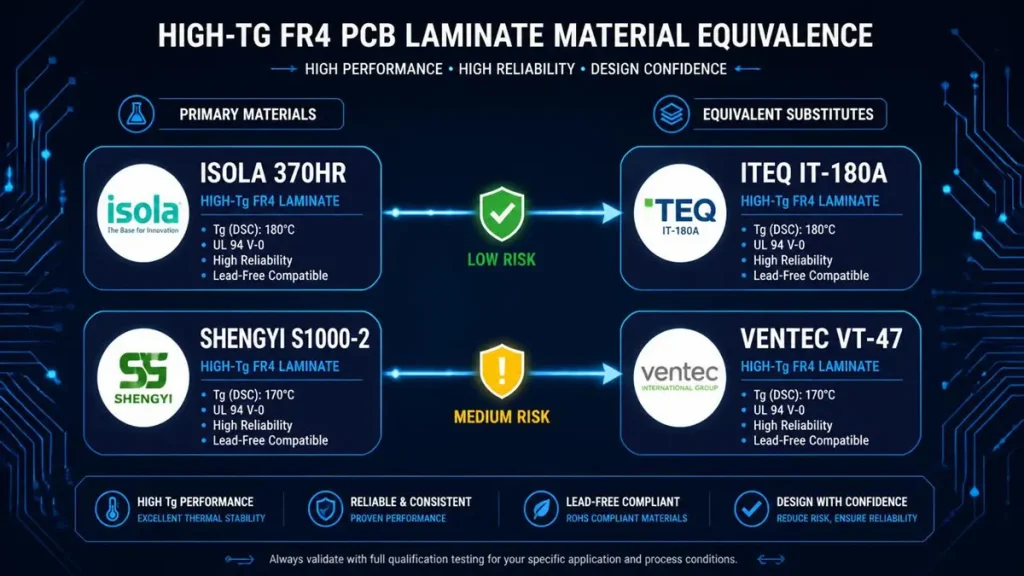 Equivalence flowchart for High-Tg FR4 PCB laminates showing substitution pathways from Isola 370HR to ITEQ IT-180A (Low Risk) and Shengyi S1000-2 to Ventec VT-47 (Medium Risk), with key thermal and compliance specifications.
