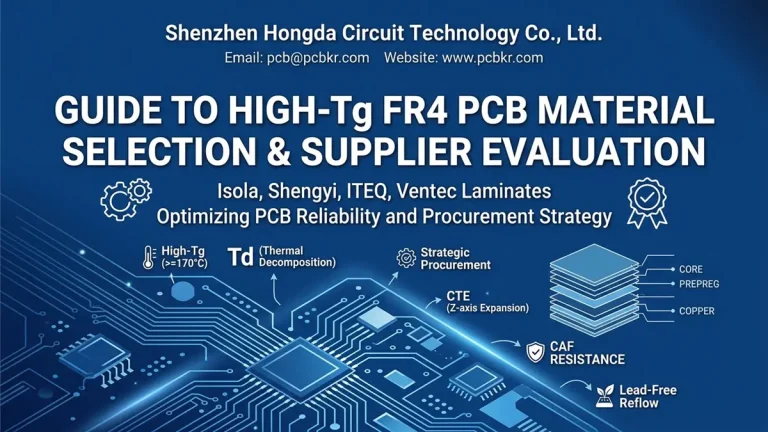 Infographic guide for High Tg FR4 PCB material selection and supplier evaluation by Shenzhen Hongda Circuit Technology. The image features a blue background, a technical circuit board illustration, a material stackup diagram, and icons for key parameters like High Tg (>=170°C), Td, CTE, and CAF Resistance.