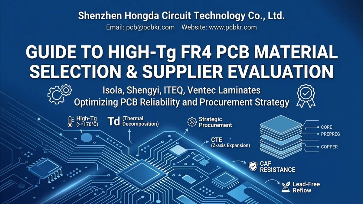 Infographic guide for High Tg FR4 PCB material selection and supplier evaluation by Shenzhen Hongda Circuit Technology. The image features a blue background, a technical circuit board illustration, a material stackup diagram, and icons for key parameters like High Tg (>=170°C), Td, CTE, and CAF Resistance.