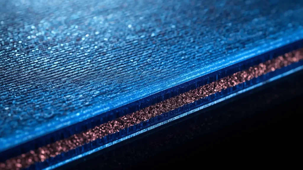 Microscopic cross section view of High-Tg FR-4 substrate showing glass fiber weave and copper foil by Hongda Circuit