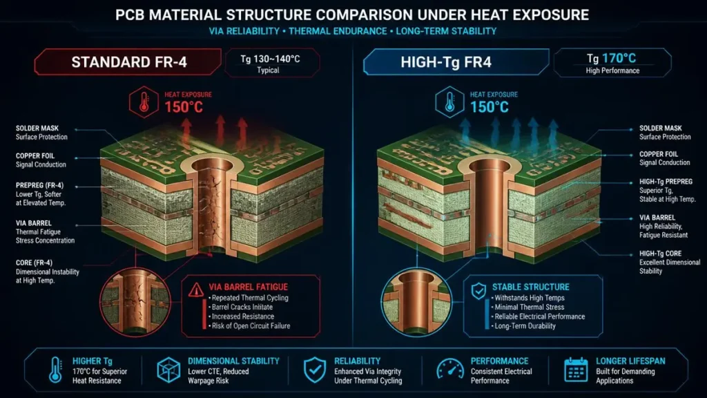 Cross-sectional comparison diagram showing Standard FR-4 via barrel fatigue versus stable High-Tg FR4 structure under 150°C heat exposure
