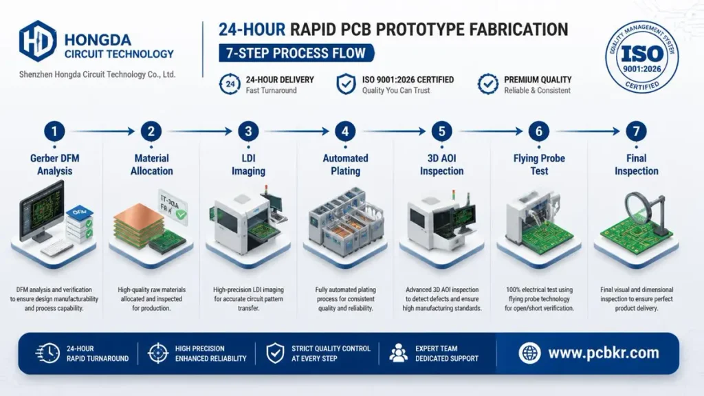 Shenzhen Hongda Circuit 7-step process flowchart for 24-hour rapid LED PCB prototype fabrication, including Gerber DFM, LDI imaging, AOI, and flying probe test.
