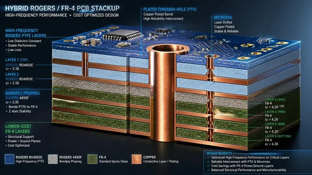 3D cross-section illustration of a hybrid Rogers and FR-4 PCB stackup design. Features top Rogers RO4003C high-frequency layers bonded with Rogers 4450F prepreg to lower-cost FR-4 power/ground layers, highlighting copper-plated through-holes (PTH) and laser-drilled microvias.