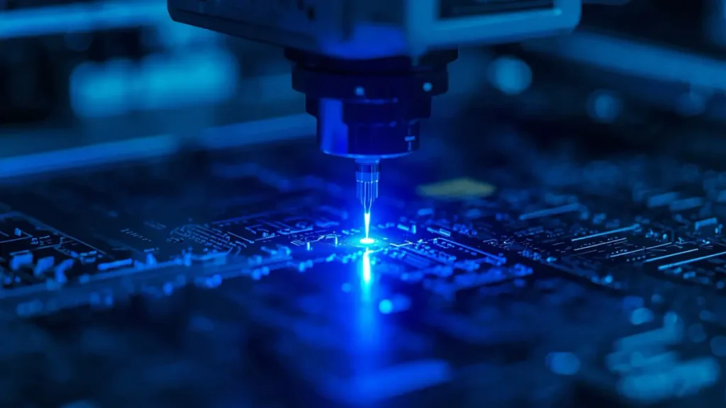 High-precision hybrid UV laser drilling machine creating microvias on ultra-thin flexible PCB panel at Hongda Circuit