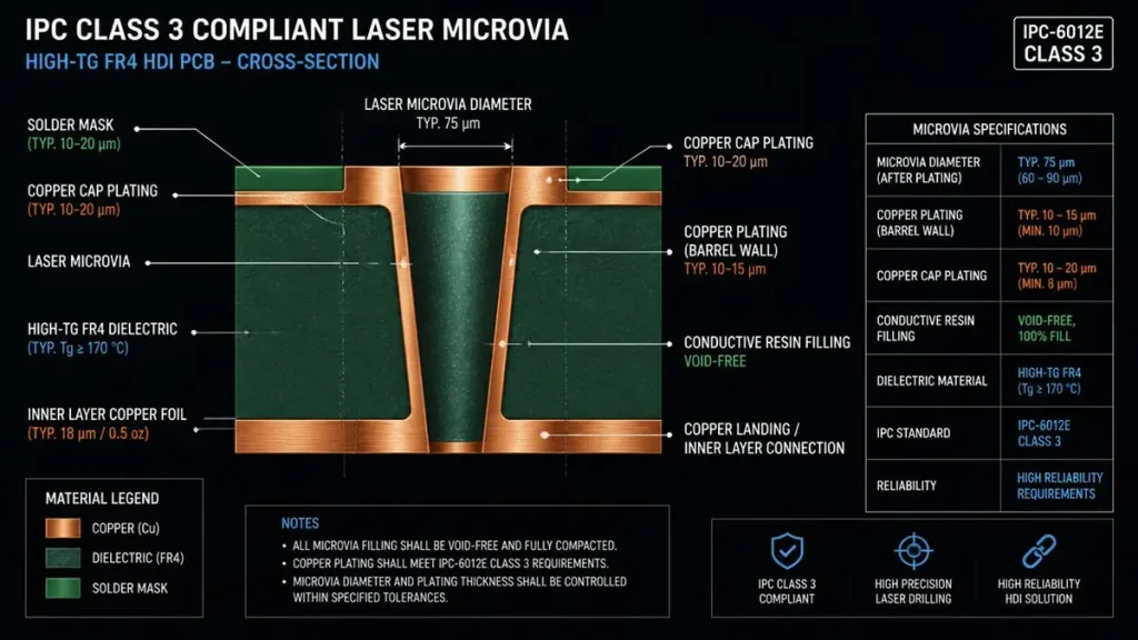 2D CAD engineering diagram of IPC Class 3 laser microvia cross-section in High-Tg FR4 HDI PCB