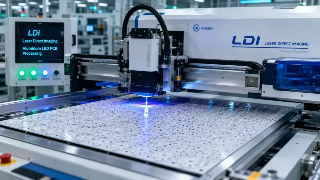 Automated LDI laser direct imaging machine processing high-density aluminum LED PCB panels at Hongda Circuit factory