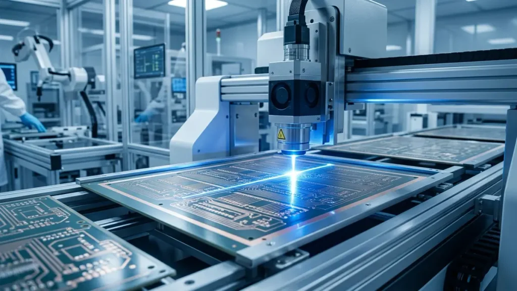 Modern Laser Direct Imaging LDI machine scanning copper traces on an LED PCB panel at Shenzhen Hongda Circuit factory