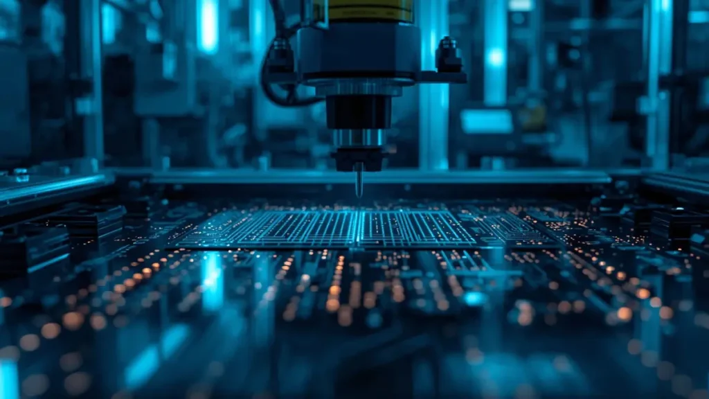 Automated LDI laser direct imaging system processing fine-line copper traces on a High Frequency Teflon PCB board
