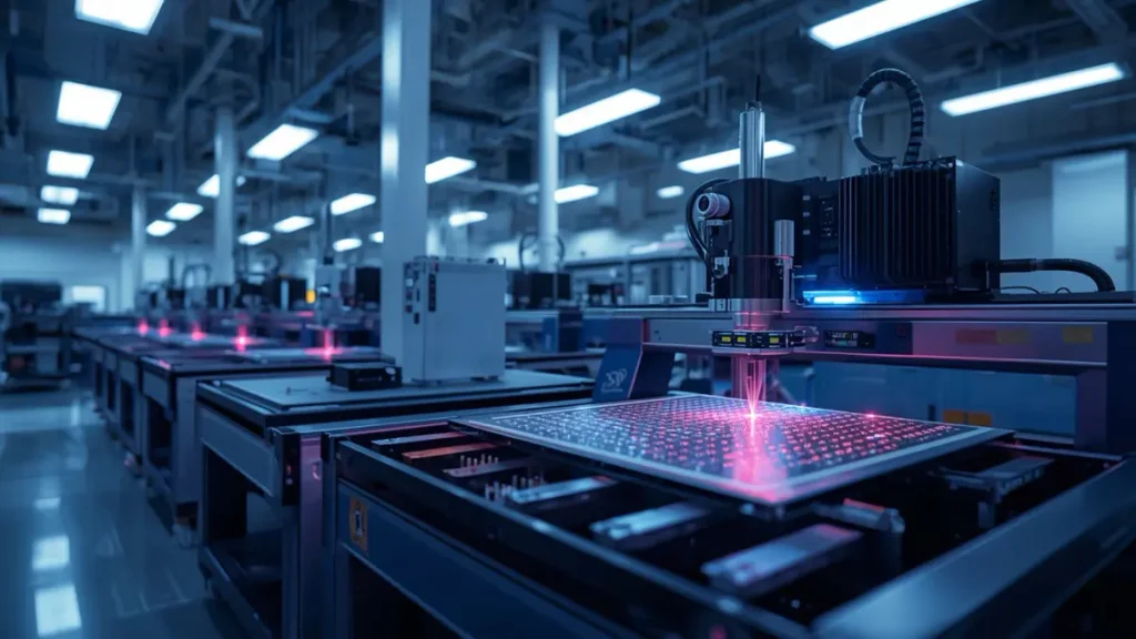 High-tech cleanroom facility featuring automated Laser Direct Imaging (LDI) machines and laser alignment beams processing ultra-thin core PCB panels at Shenzhen Hongda Circuit.