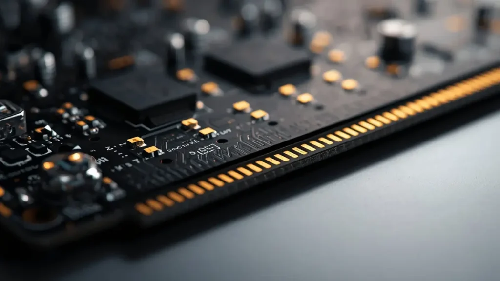 Macro view of electroplated hard gold finger edge connectors with 45-degree chamfer on a black LED display PCB module