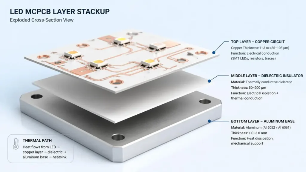 3D exploded cross-section diagram of LED MCPCB layer stackup showing copper circuit, dielectric layer, and aluminum base