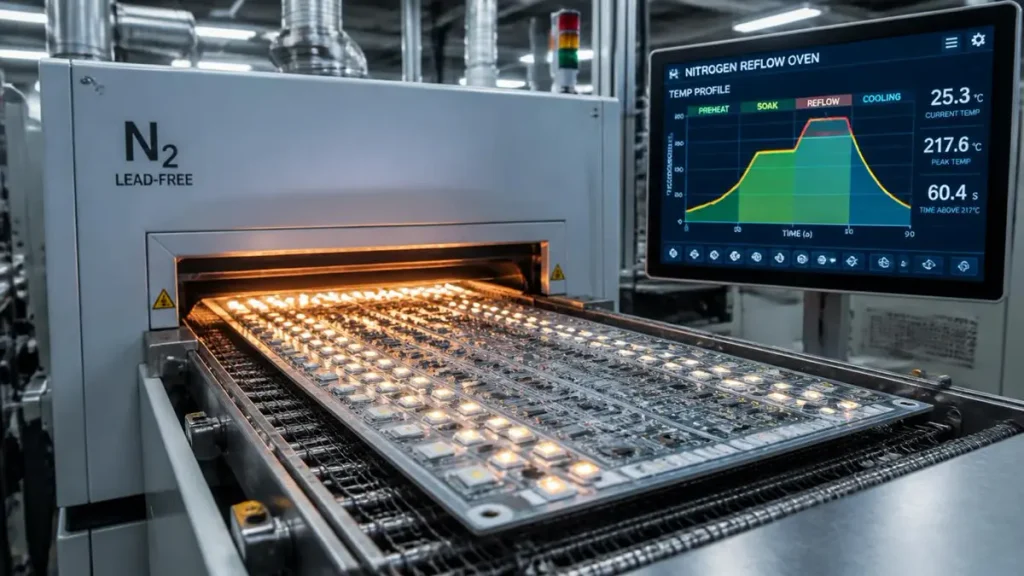 High-density LED PCB assembly emerging from a modern nitrogen reflow oven with real-time temperature profile display at Hongda Circuit.