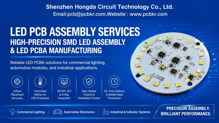 LED PCB Assembly Services by Shenzhen Hongda Circuit Technology showing high-precision SMD LED PCBA for commercial lighting and automotive electronics
