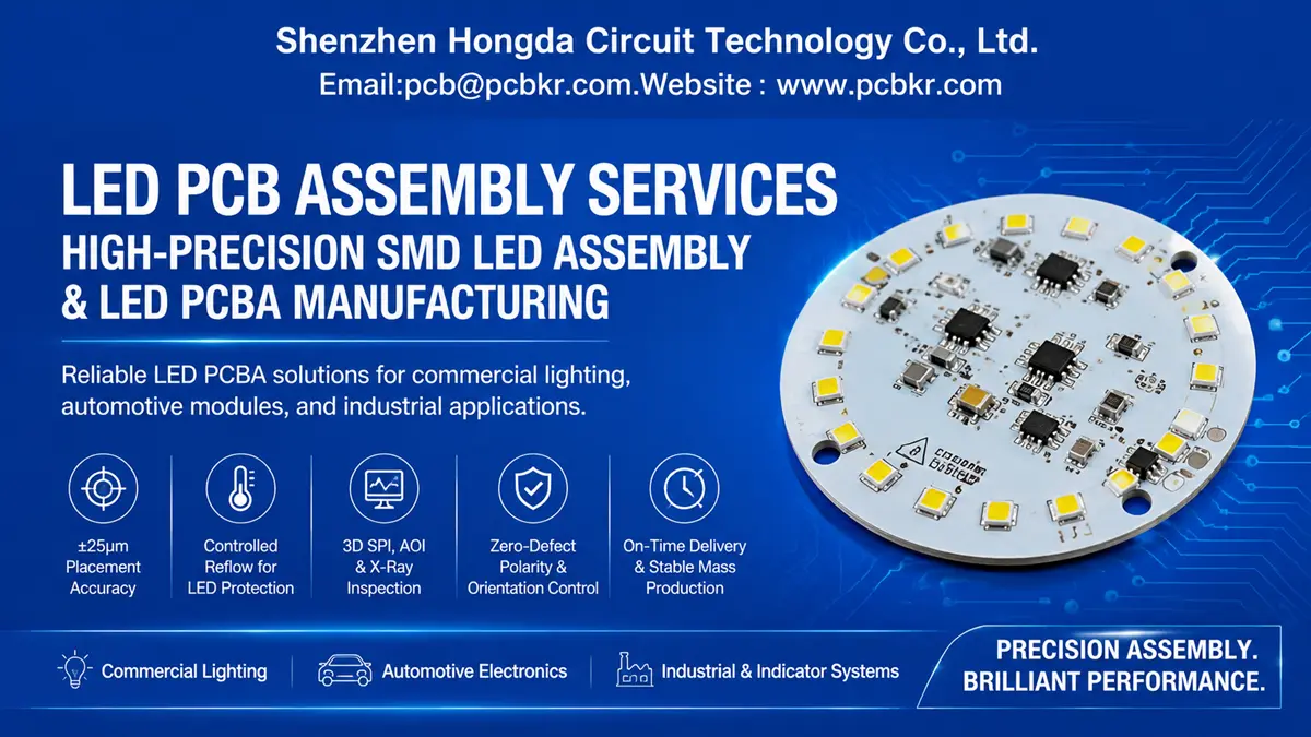 LED PCB Assembly Services by Shenzhen Hongda Circuit Technology showing high-precision SMD LED PCBA for commercial lighting and automotive electronics