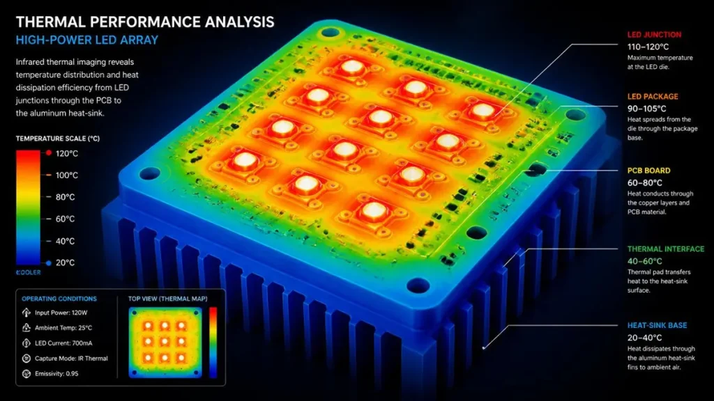 Infrared thermal imaging map showing temperature distribution from high-power LED junctions to aluminum heat-sink base