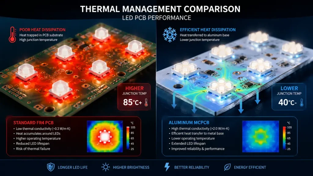 Professional thermal management comparison diagram showing heat dissipation between standard FR4 PCB and high performance aluminum MCPCB for LED circuit boards