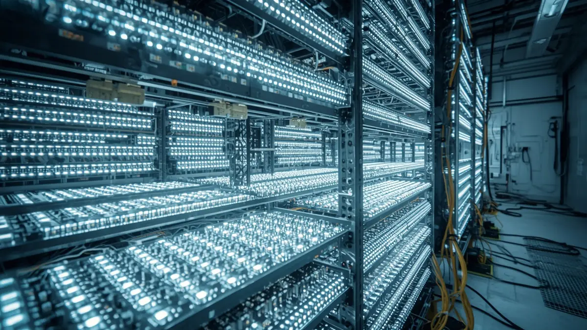 Professional quality assurance burn-in test rack with glowing LED circuit boards undergoing reliability testing at Hongda Circuit.