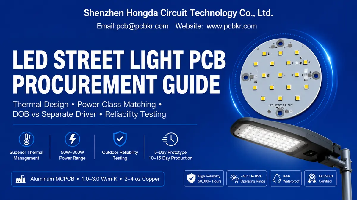 LED street light PCB procurement guide showing aluminum MCPCB board specifications and thermal performance by Hongda Circuit