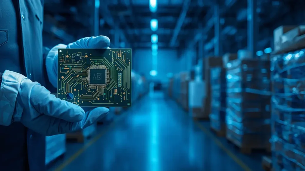 Custom Teflon PCB Manufacturer Shenzhen Hongda Circuit Technology engineer holding an RF prototype board in front of volume production shipments in a modern warehouse.