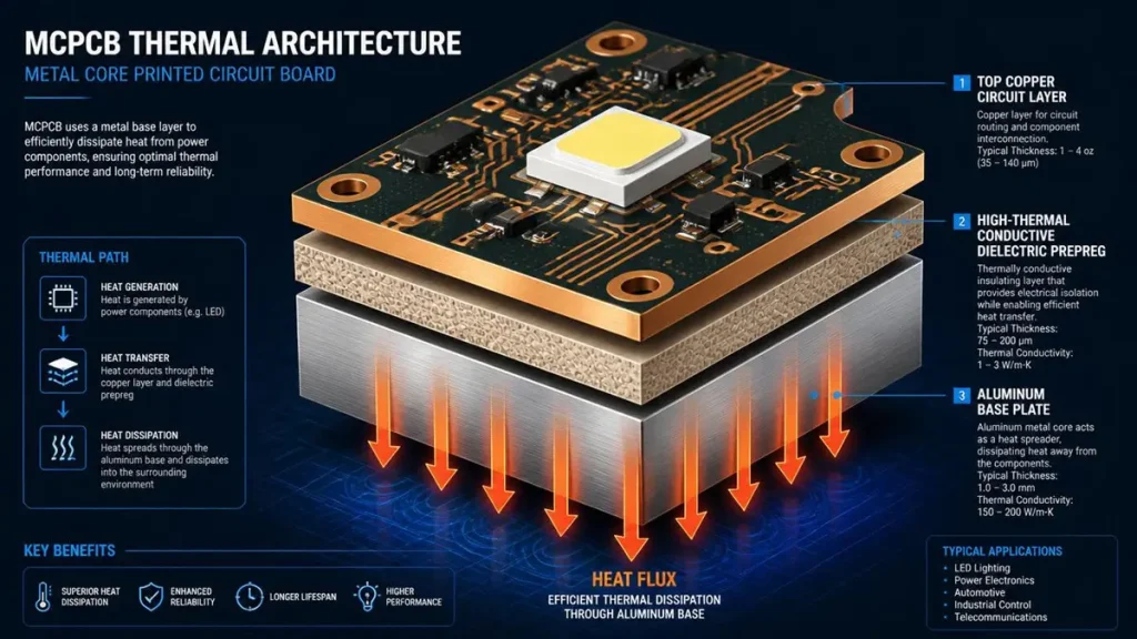 3D cutaway diagram of MCPCB thermal architecture showing copper layer, dielectric prepreg, and aluminum base for LED PCB