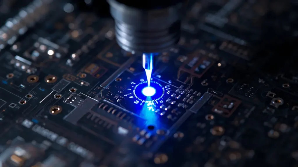 Macro close-up photograph of high-precision UV laser drilling microvias on an advanced high-density interconnect (HDI) PCB substrate during the microvia PCB fabrication process.