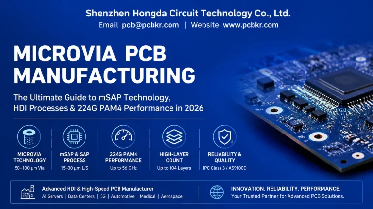 Shenzhen Hongda Circuit Technology (PCBKR) Microvia PCB Manufacturing Capabilities: mSAP & SAP processes, 224G PAM4 performance, high-layer count up to 104, for AI servers, data centers, and aerospace.