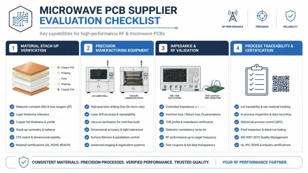 Industrial infographic checklist for microwave PCB supplier evaluation across four key areas: material stack-up verification, precision manufacturing equipment (UV laser drill & vacuum press), impedance and RF validation (TDR/VNA test), and process traceability certification.