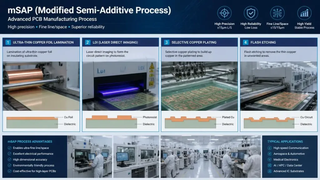 Technical infographic illustrating the mSAP manufacturing process steps including ultra-thin copper lamination, LDI imaging, copper plating, and flash etching