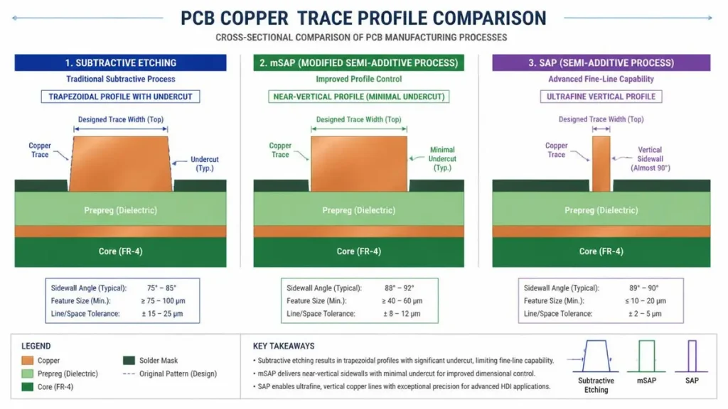 Cross-sectional comparison diagram of PCB manufacturing processes showing copper trace profiles and sidewall angles for Subtractive Etching (trapezoidal undercut), mSAP (near-vertical fine line), and SAP (ultrafine vertical profile).