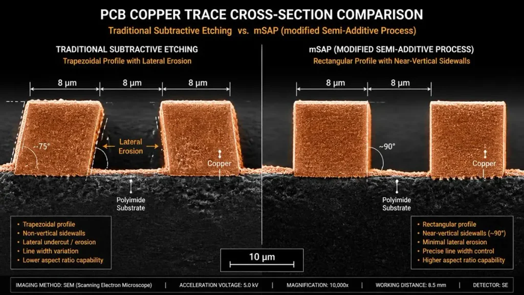 SEM cross-section comparison diagram of PCB copper traces on polyimide substrate showing traditional subtractive etching with trapezoidal profile versus mSAP process with vertical sidewalls at 8 micron line and space.